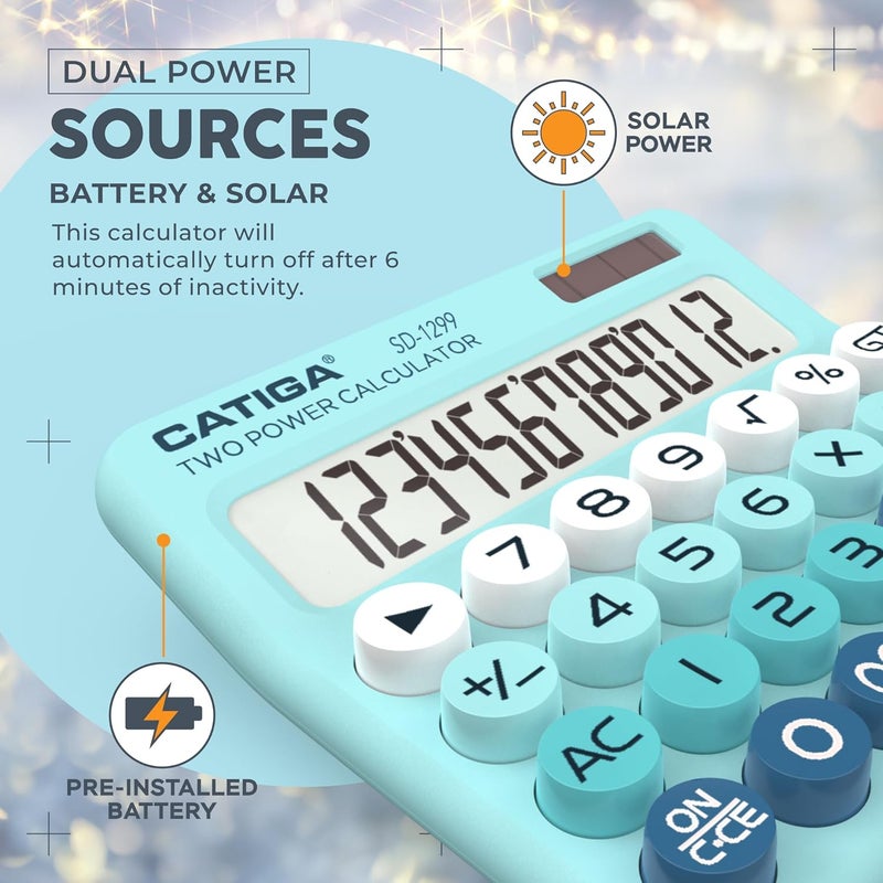 CATIGA Mechanical Switch Calculator with Solar and Battery Dual Power, 12-Digit Large LCD Display, Aesthetic and Cute Desktop Calculator with Big Button, for Home, School and Office Use, SD-1299 - Image 5